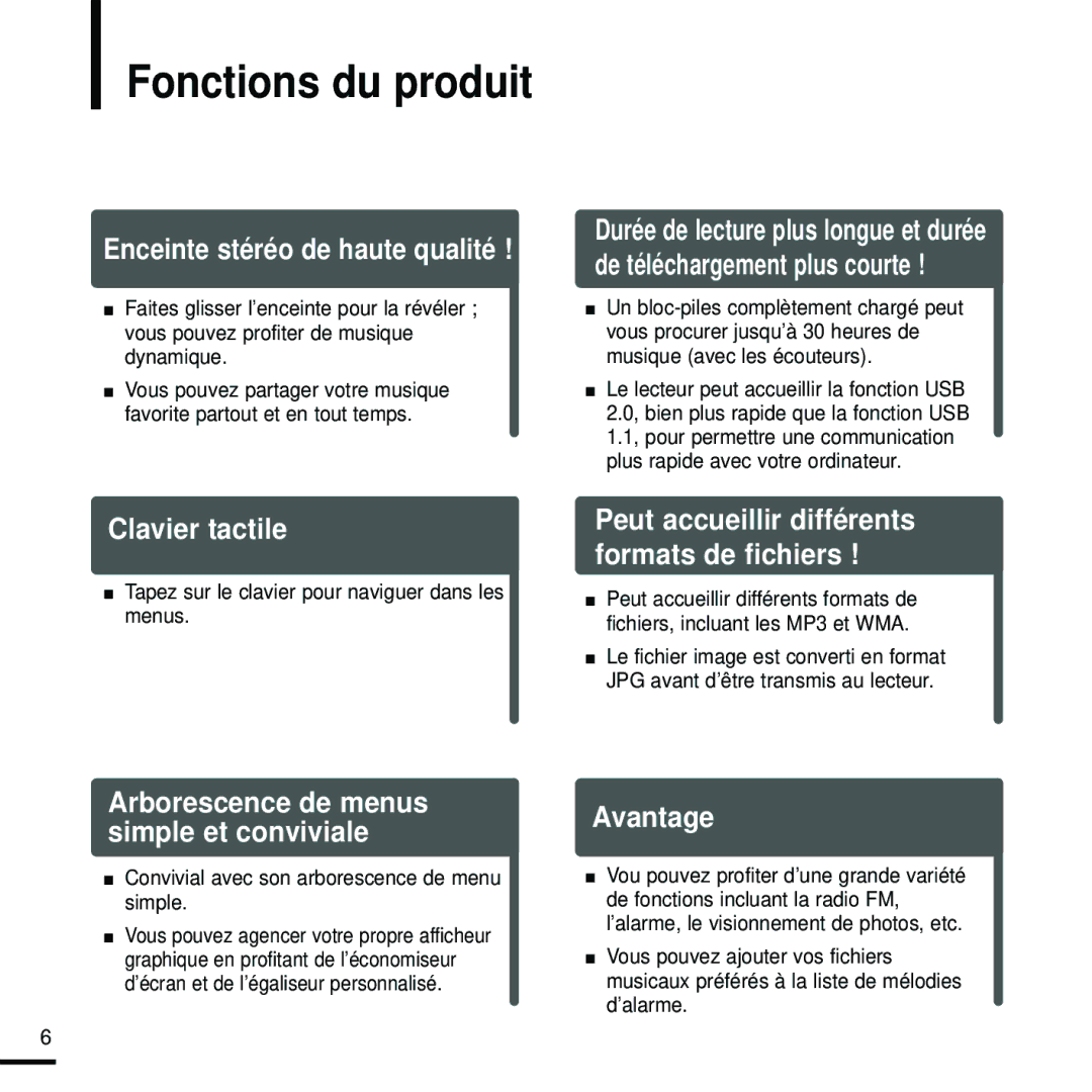 Samsung YP-K5JQB/XEF, YP-K5JZB/XEF, YP-K5JAB/XEF Fonctions du produit, Tapez sur le clavier pour naviguer dans les menus 