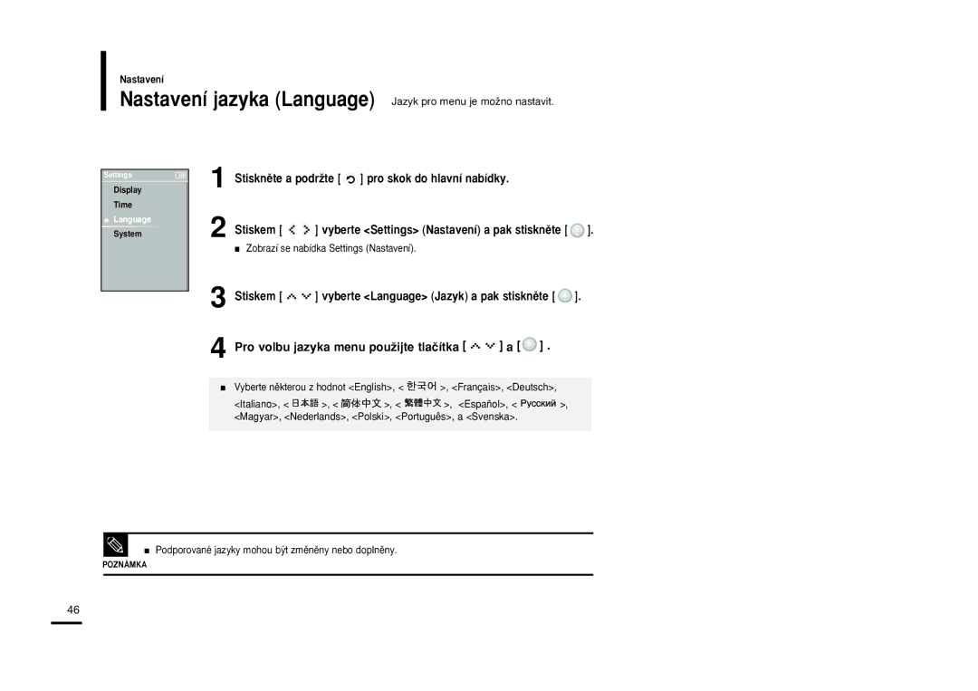 Samsung YP-K5JAB/XEH, YP-K5JQB/XEH manual Pro volbu jazyka menu pouÏijte tlaãítka, Vyberte Language Jazyk a pak stisknûte 