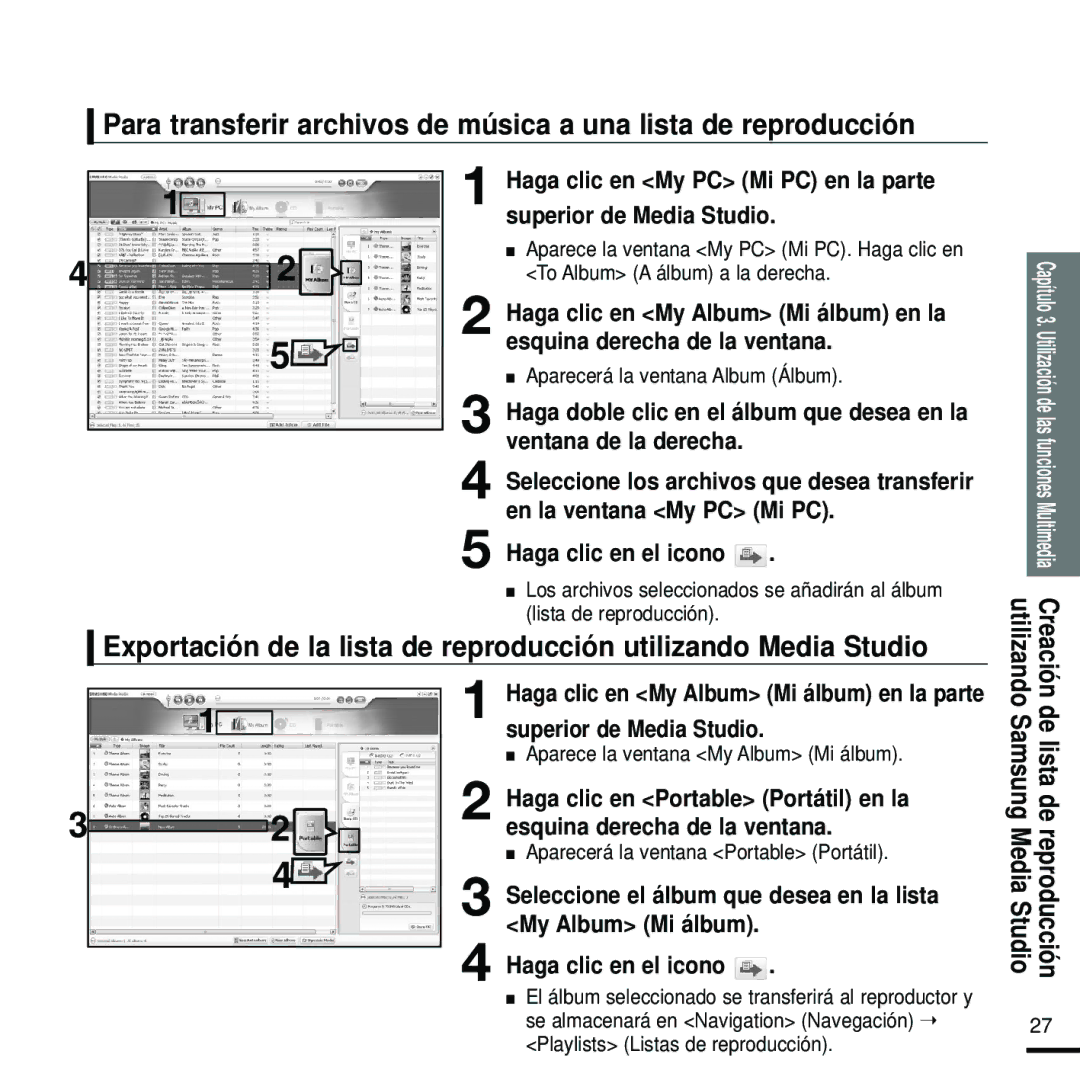 Samsung YP-K5JQB/OMX manual Haga clic en el icono, Media Studio Reproducción, My Album Mi álbum, Samsung De lista de 