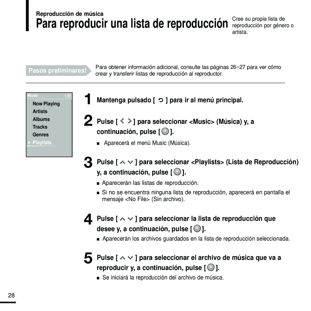 Samsung YP-K5JZB/OMX, YP-K5JQB/XET manual Aparecerá el menú Music Música, Se iniciará la reproducción del archivo de música 