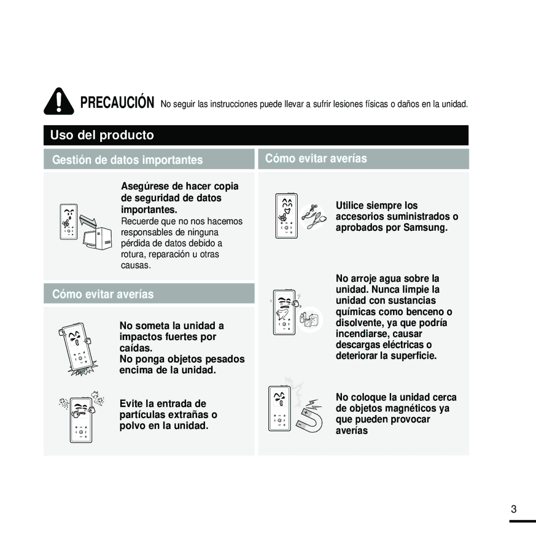 Samsung YP-K5JQB/OMX, YP-K5JQB/XET, YP-K5JZB/XET, YP-K5JAB/XET Asegúrese de hacer copia de seguridad de datos importantes 