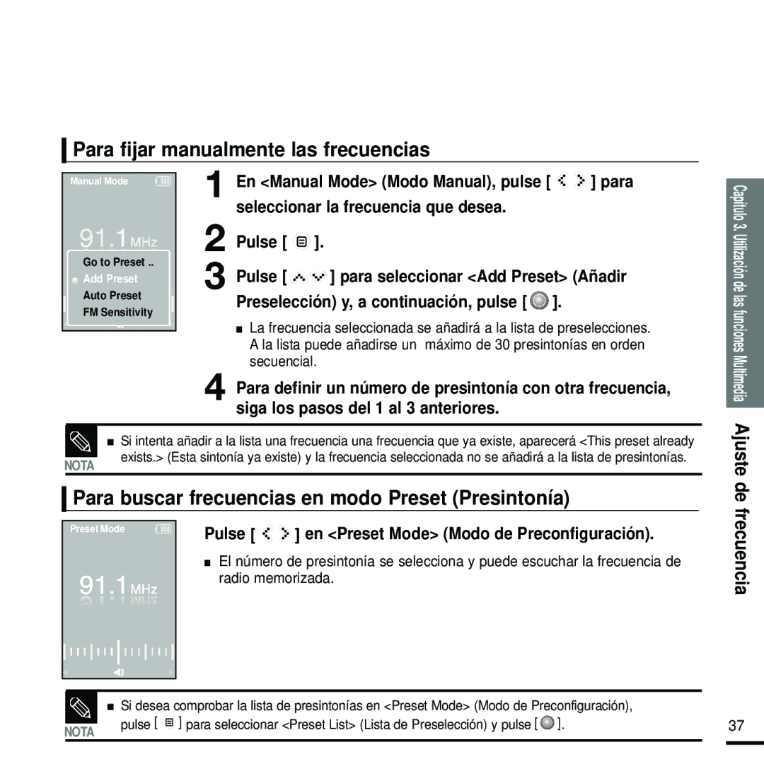 Samsung YP-K5JZB/XET Para fijar manualmente las frecuencias, Para buscar frecuencias en modo Preset Presintonía 