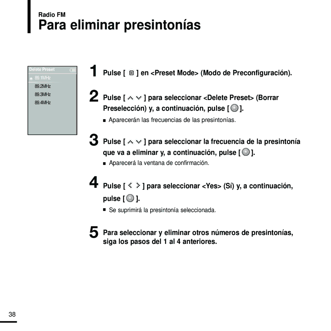 Samsung YP-K5JAB/XET, YP-K5JQB/XET, YP-K5JZB/XET manual Para eliminar presintonías, Preselección y, a continuación, pulse 