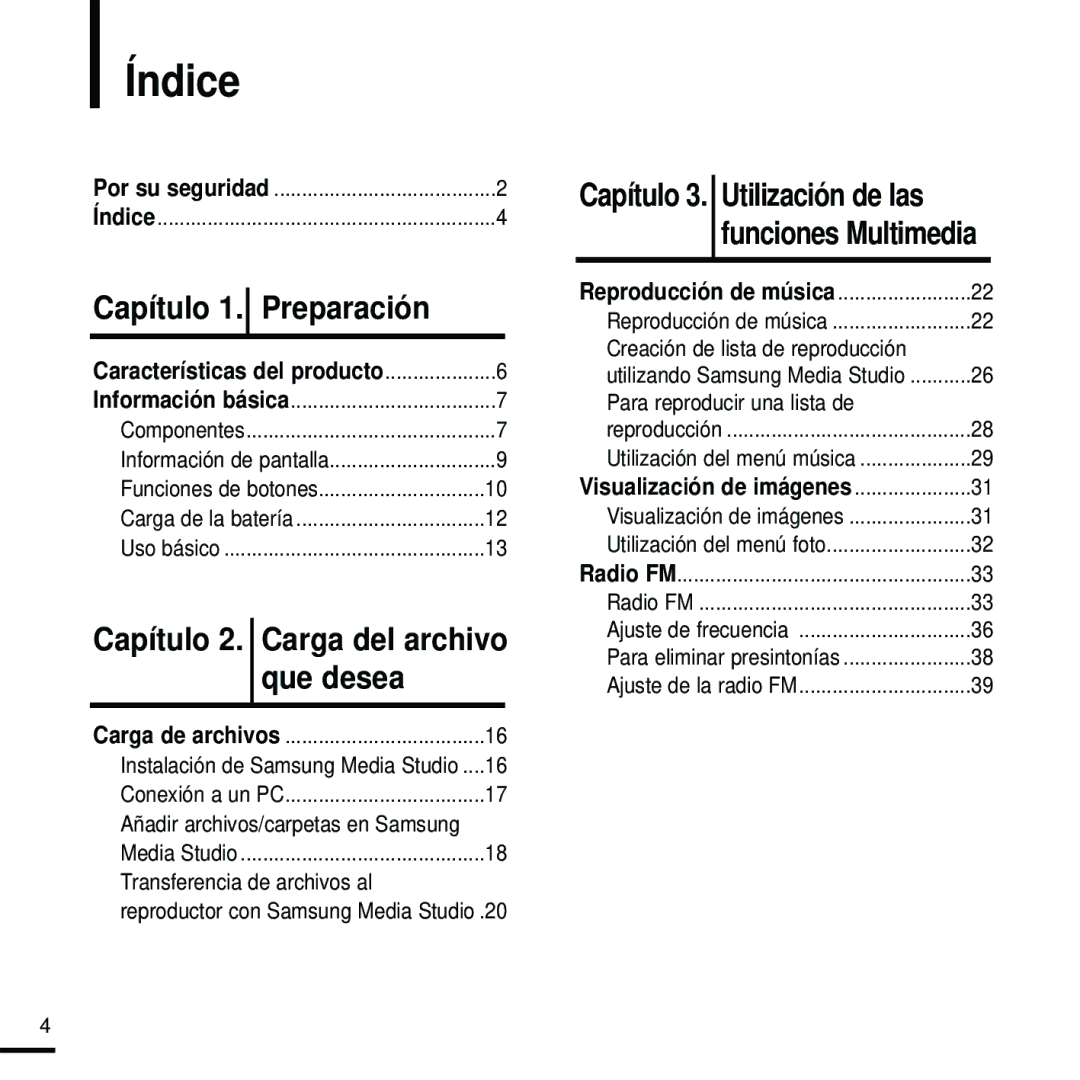 Samsung YP-K5JZB/OMX Índice, Capítulo 2. Carga del archivo que desea, Capítulo 3. Utilización de las funciones Multimedia 