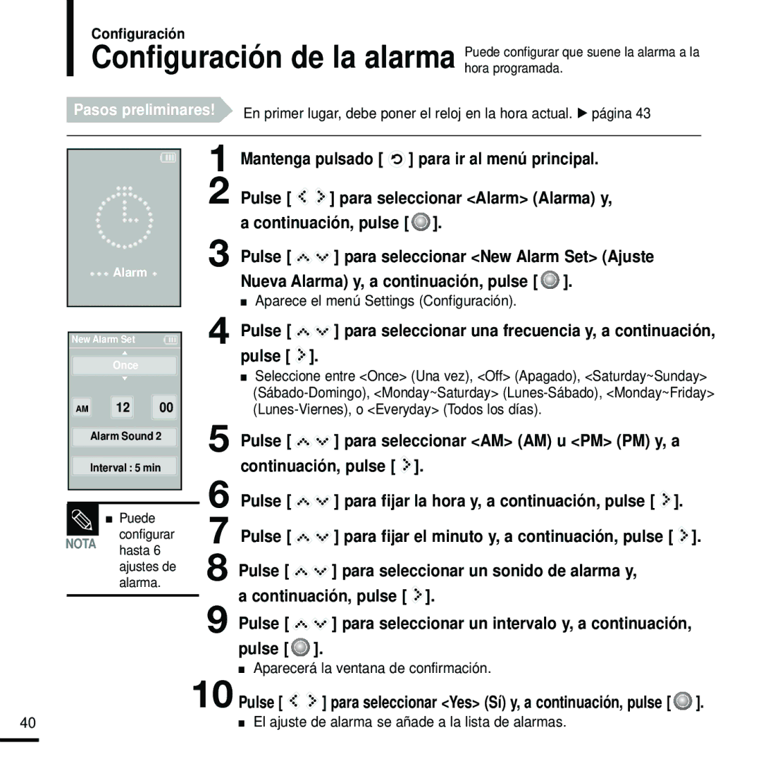 Samsung YP-K5JZB/OMX, YP-K5JQB/XET Nueva Alarma y, a continuación, pulse, Configuración, Para seleccionar Alarm Alarma y 