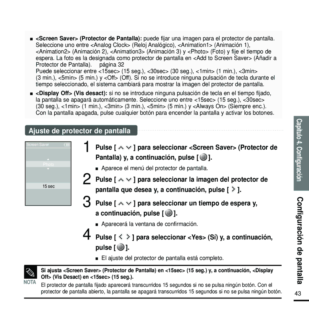 Samsung YP-K5JZB/XET, YP-K5JQB/XET, YP-K5JAB/XET manual Ajuste de protector de pantalla, Pantalla y, a continuación, pulse 