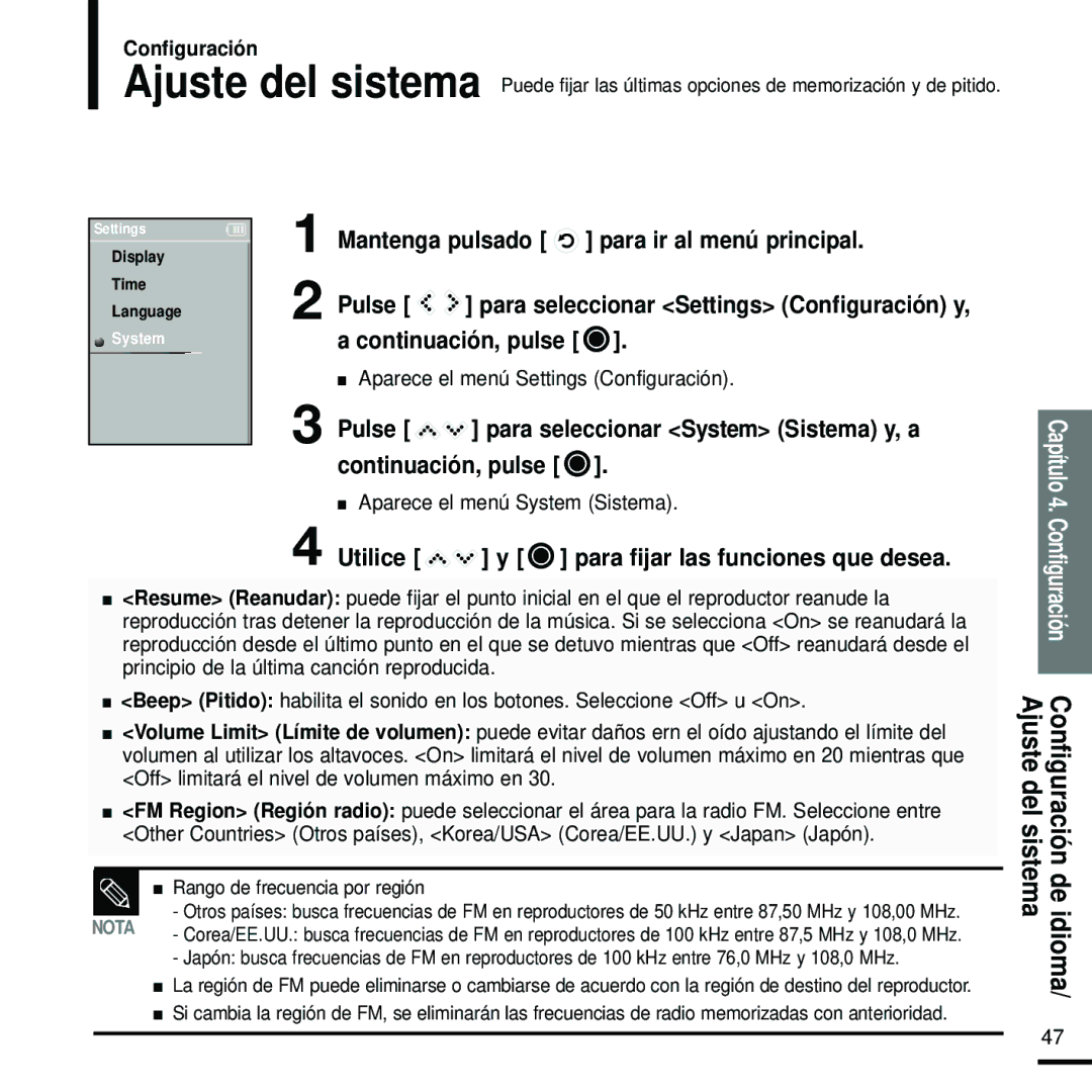 Samsung YP-K5JAB/OMX manual Configuración Configuración de idioma/ Ajuste del sistema, Aparece el menú System Sistema 