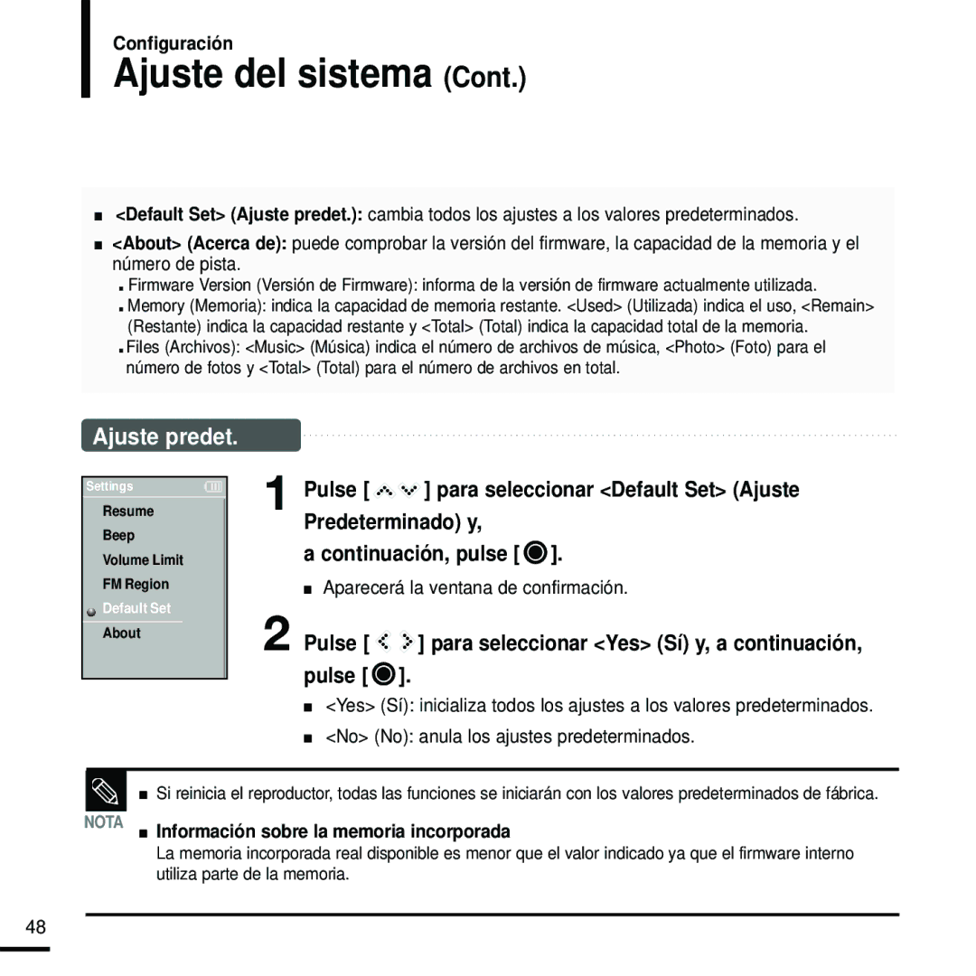 Samsung YP-K5JQB/XET, YP-K5JZB/XET, YP-K5JAB/XET, YP-K5JQB/OMX Ajuste del sistema, Información sobre la memoria incorporada 