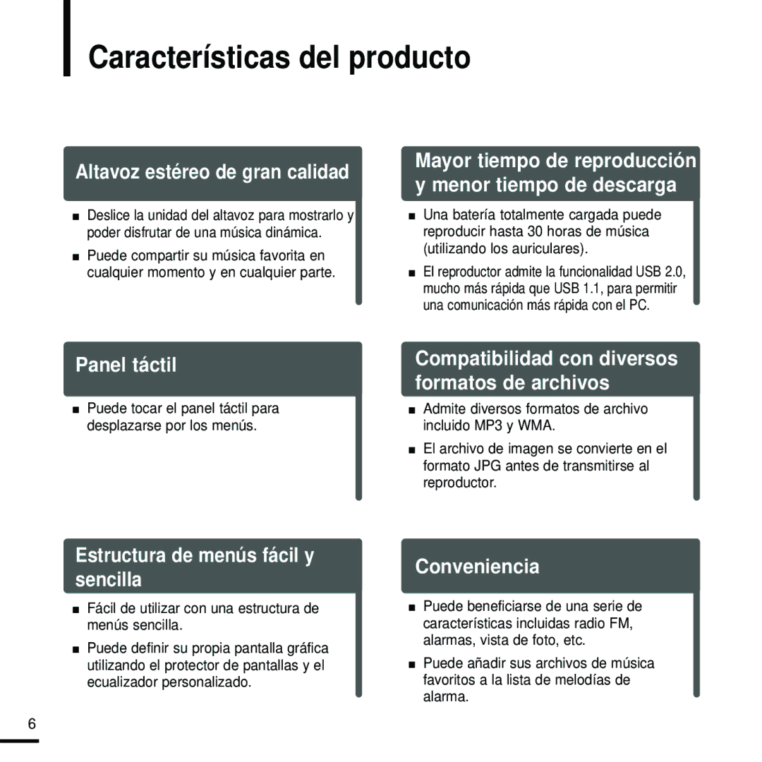 Samsung YP-K5JQB/XET, YP-K5JZB/XET Características del producto, Fácil de utilizar con una estructura de menús sencilla 