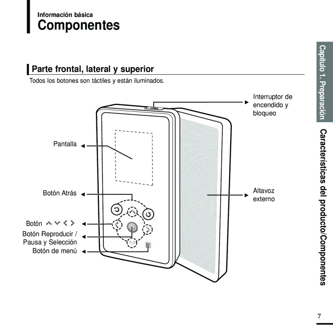 Samsung YP-K5JZB/XET manual Parte frontal, lateral y superior, Preparación Características del producto/Componentes 