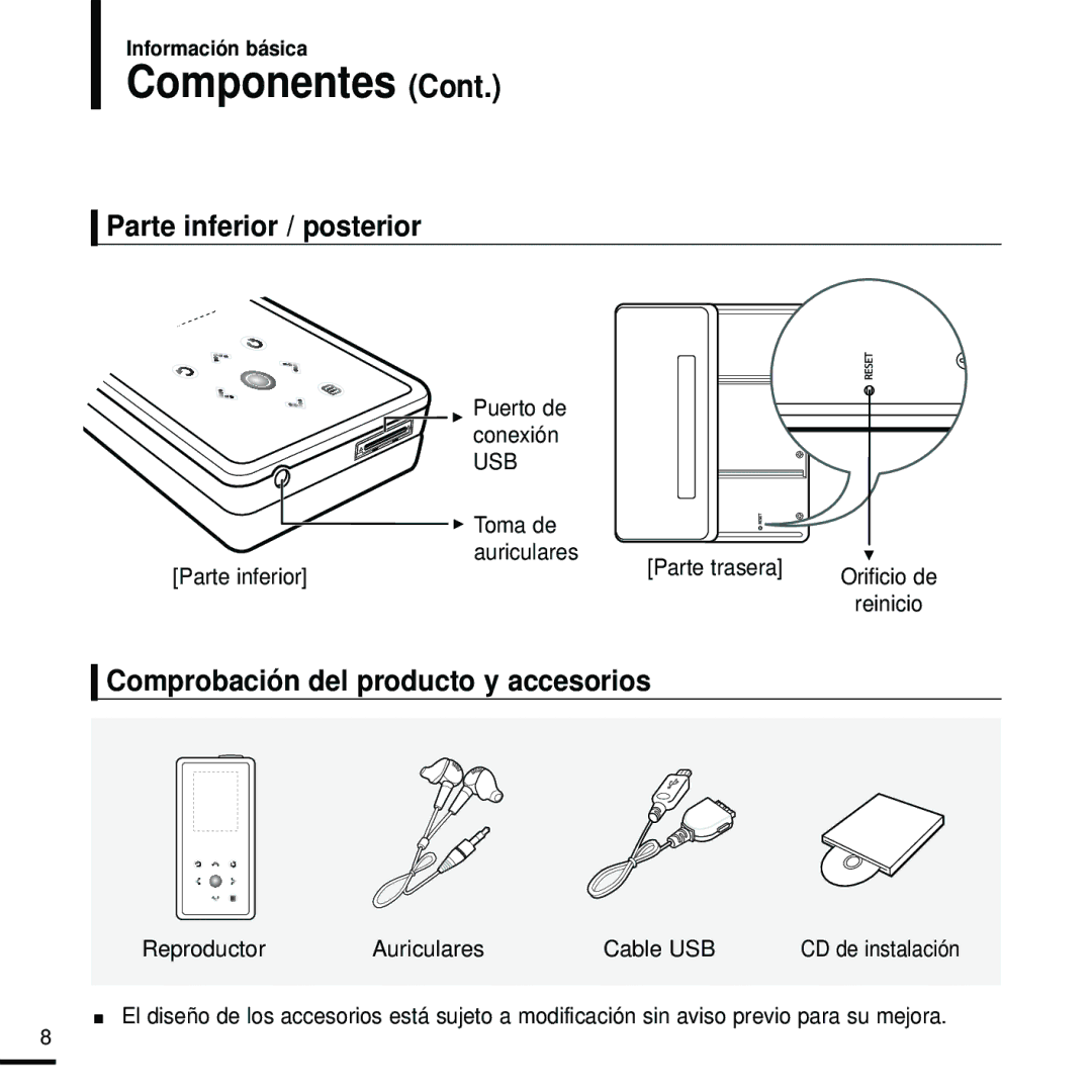 Samsung YP-K5JAB/XET, YP-K5JQB/XET Parte inferior / posterior, Comprobación del producto y accesorios, Puerto de conexión 