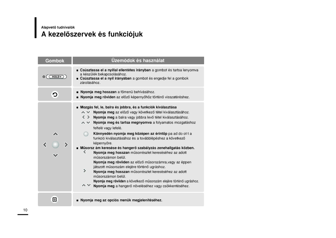 Samsung YP-K5JAB/XEH manual KezelŒszervek és funkciójuk, Mozgás fel, le, balra és jobbra, és a funkciók kiválasztása 