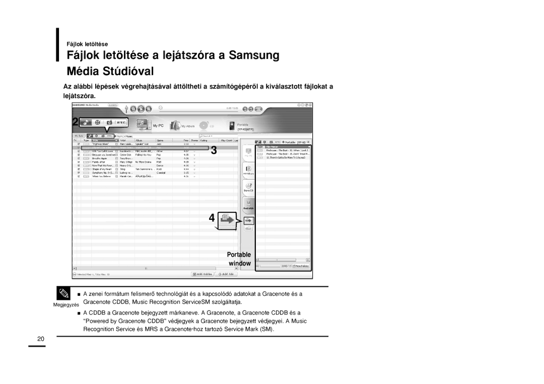 Samsung YP-K5JAB/XET, YP-K5JQB/XET, YP-K5JZB/XET Fájlok letöltése a lejátszóra a Samsung Média Stúdióval, Portable window 