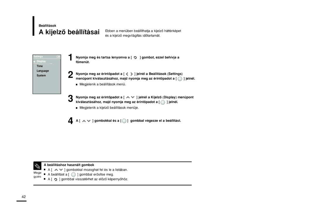 Samsung YP-K5JQB/XET, YP-K5JZB/XET, YP-K5JAB/XET, YP-K5JQB/XEH, YP-K5JAB/XEH, YP-K5JZB/XEH manual Megjelenik a beállítások menü 