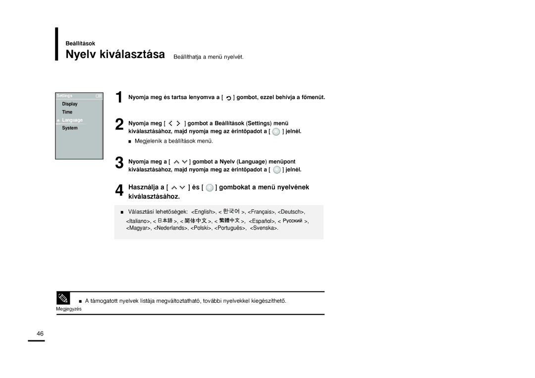 Samsung YP-K5JAB/XEH, YP-K5JQB/XET, YP-K5JZB/XET, YP-K5JAB/XET manual Használja a és gombokat a menü nyelvének kiválasztásához 