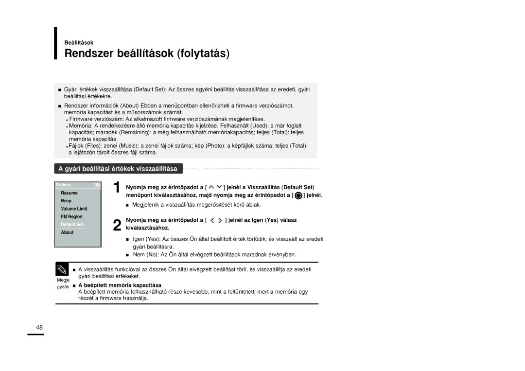 Samsung YP-K5JQB/XET manual Rendszer beállítások folytatás, Gyári beállítási értékek visszaállítása, Kiválasztásához 