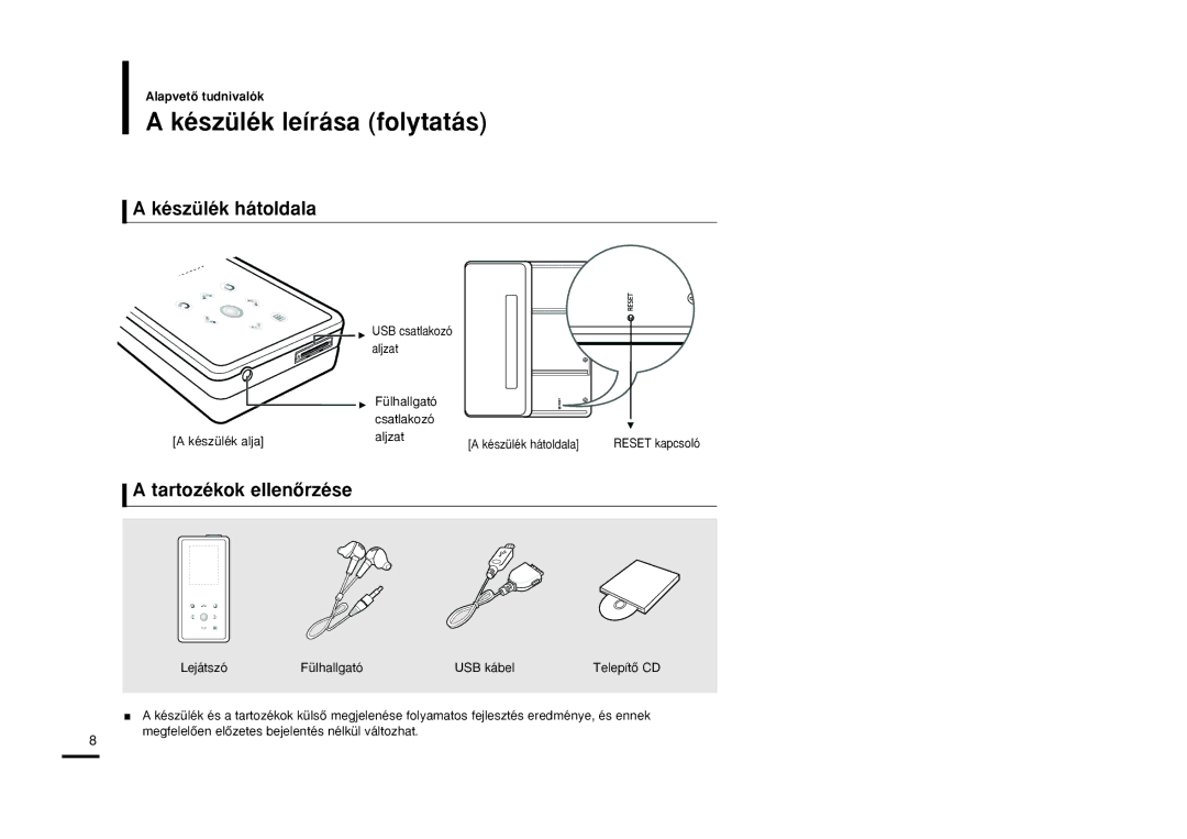 Samsung YP-K5JAB/XET, YP-K5JQB/XET, YP-K5JZB/XET Készülék leírása folytatás, Készülék hátoldala, Tartozékok ellenŒrzése 