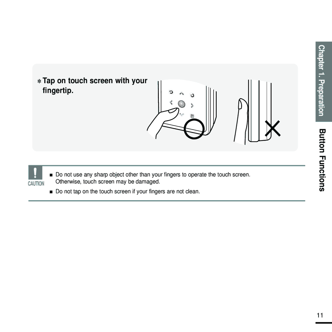 Samsung YP-K5JZBY manual Tap on touch screen with your Fingertip, Preparation Button Functions 