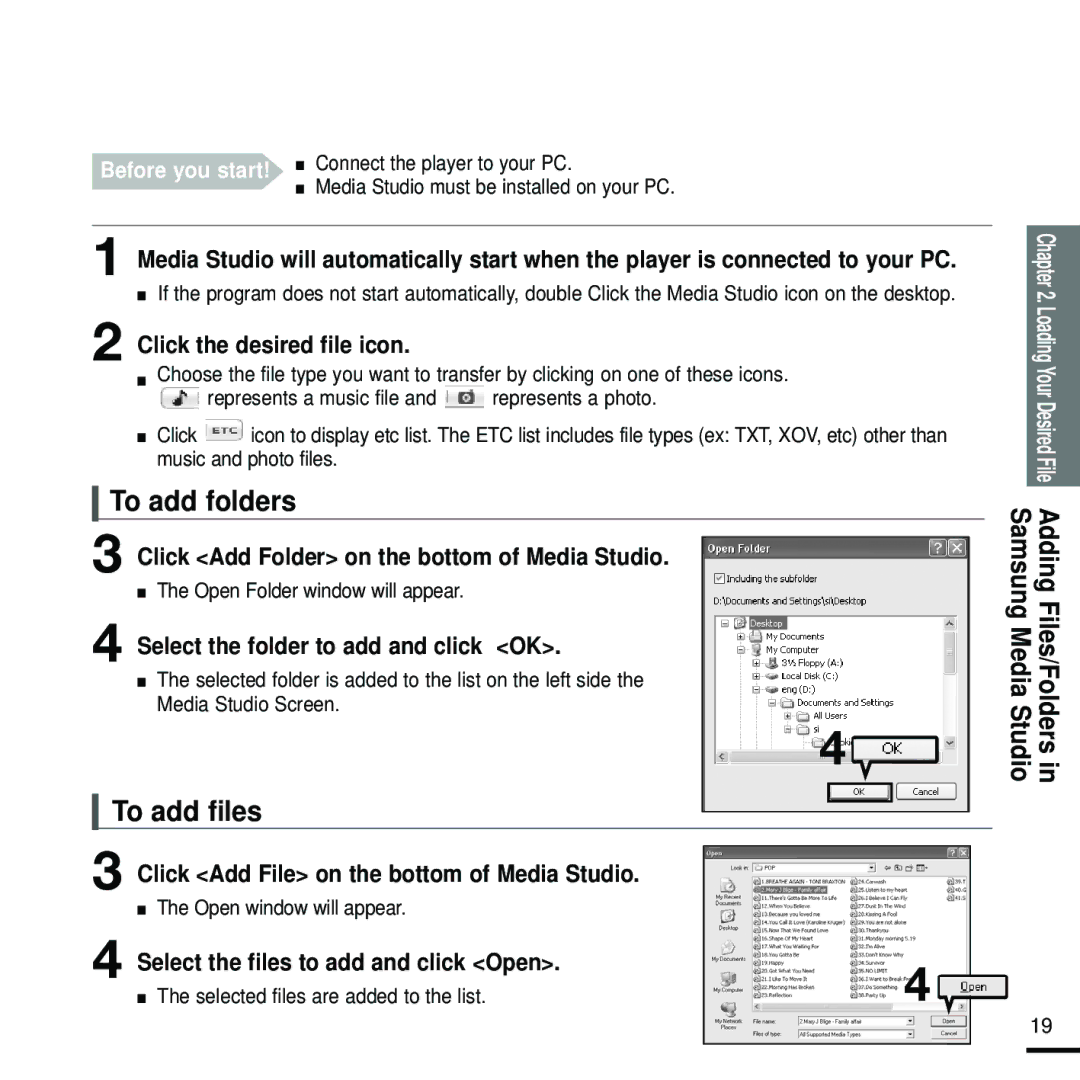 Samsung YP-K5JZBY manual To add folders, To add files 