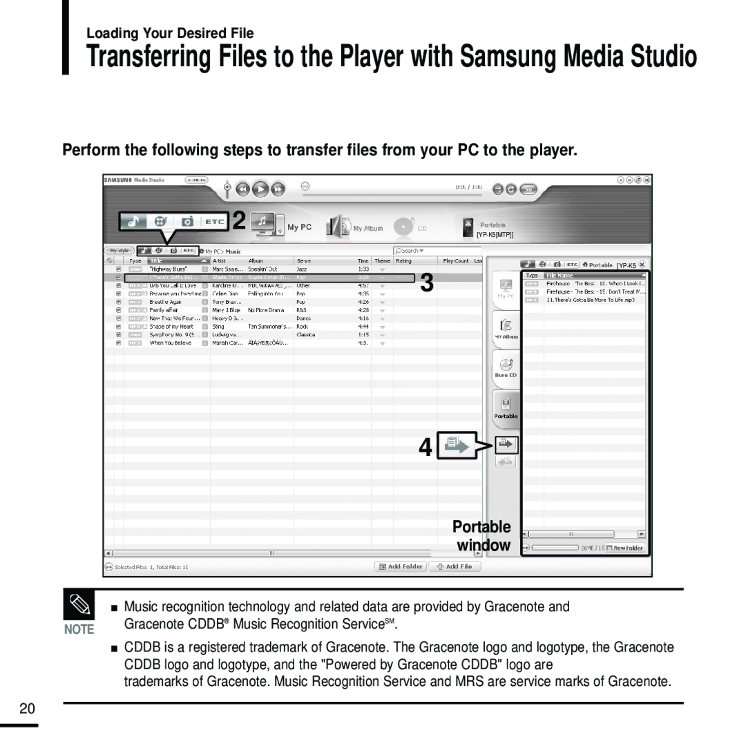 Samsung YP-K5JZBY manual Transferring Files to the Player with Samsung Media Studio 