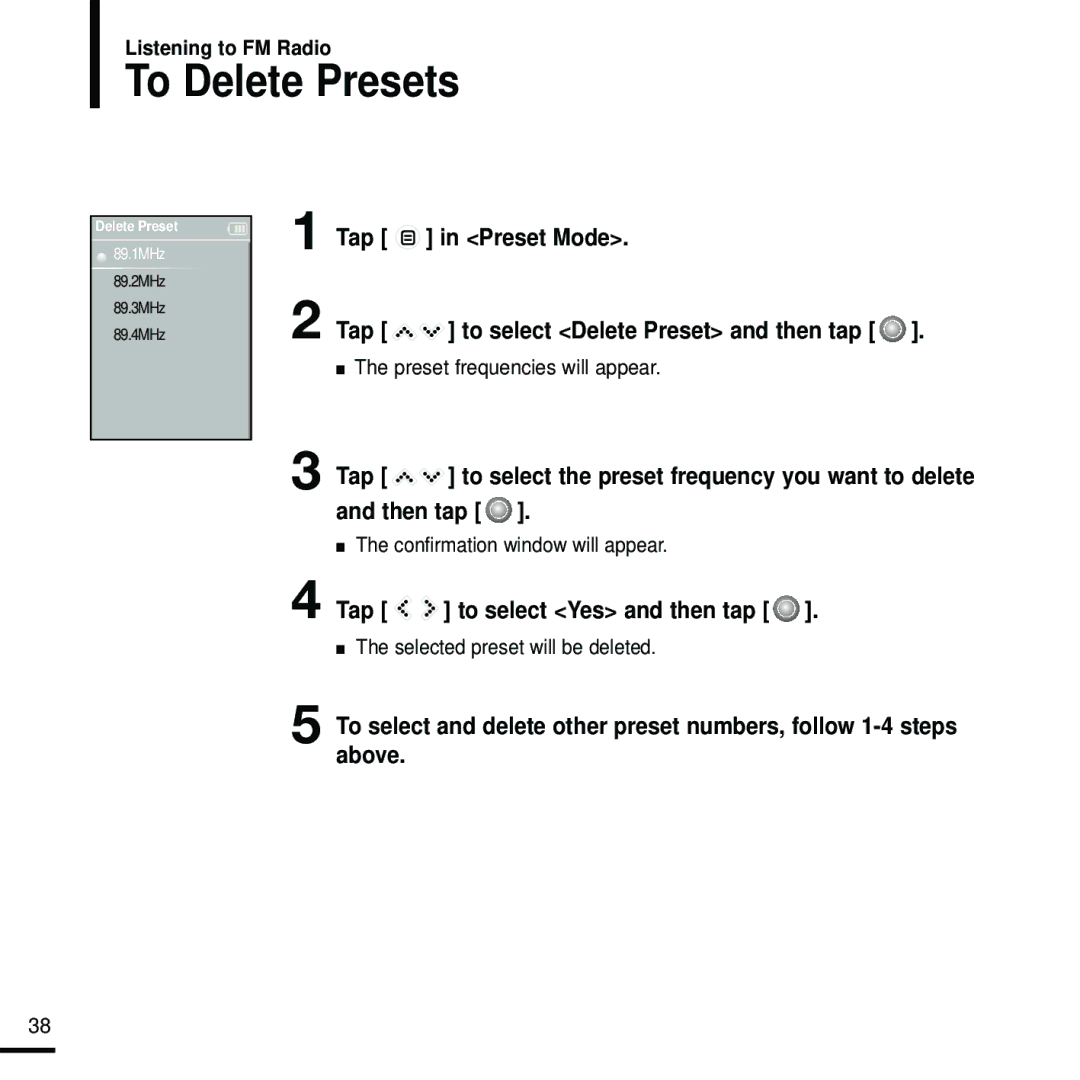 Samsung YP-K5JZBY To Delete Presets, Tap Preset Mode, Preset frequencies will appear, Confirmation window will appear 