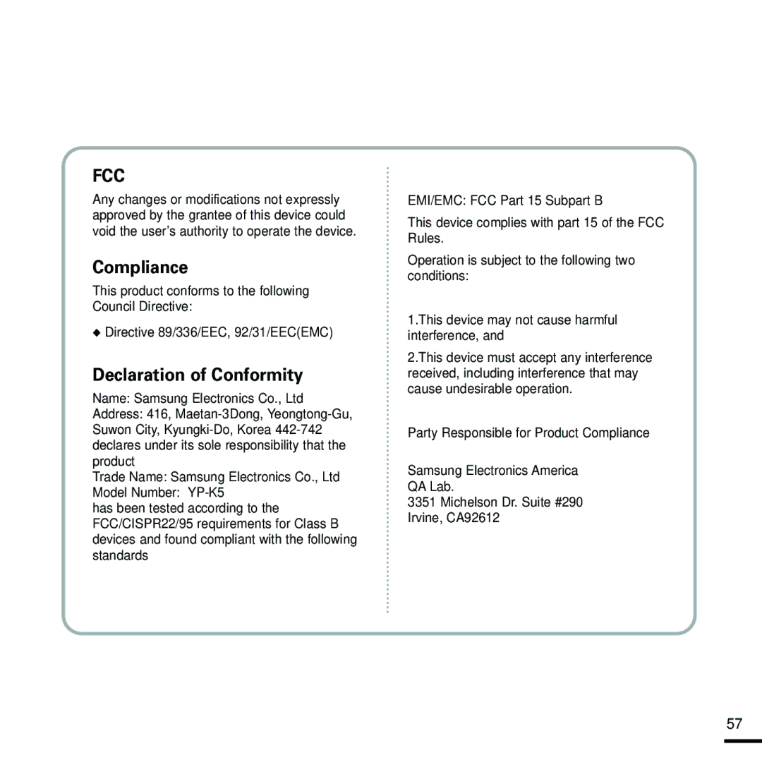 Samsung YP-K5JZBY manual Compliance 