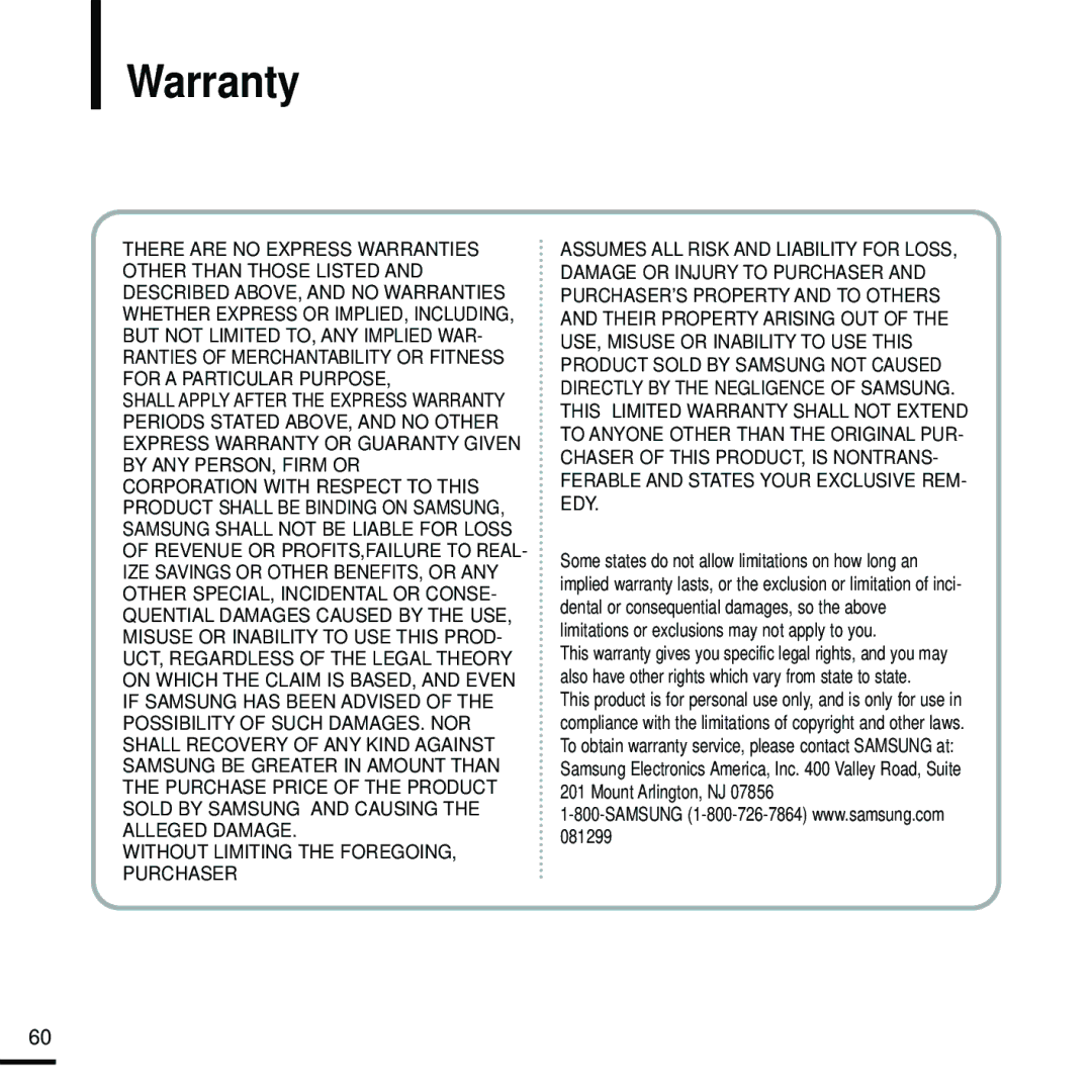 Samsung YP-K5JZBY manual Warranty 