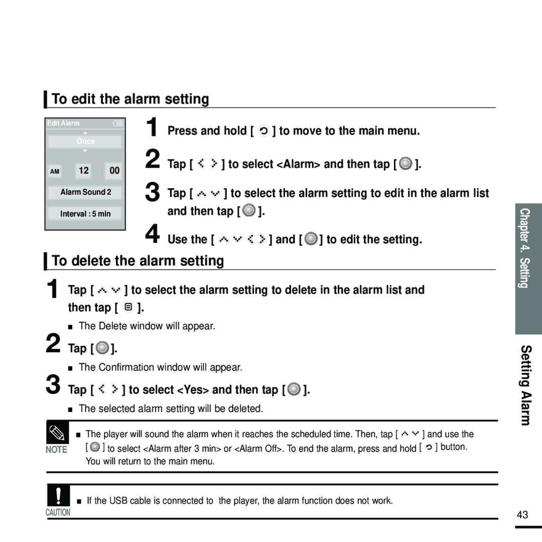 Samsung YP-K5ZB/SUN manual To edit the alarm setting, To delete the alarm setting, To move to the main menu, Press and hold 