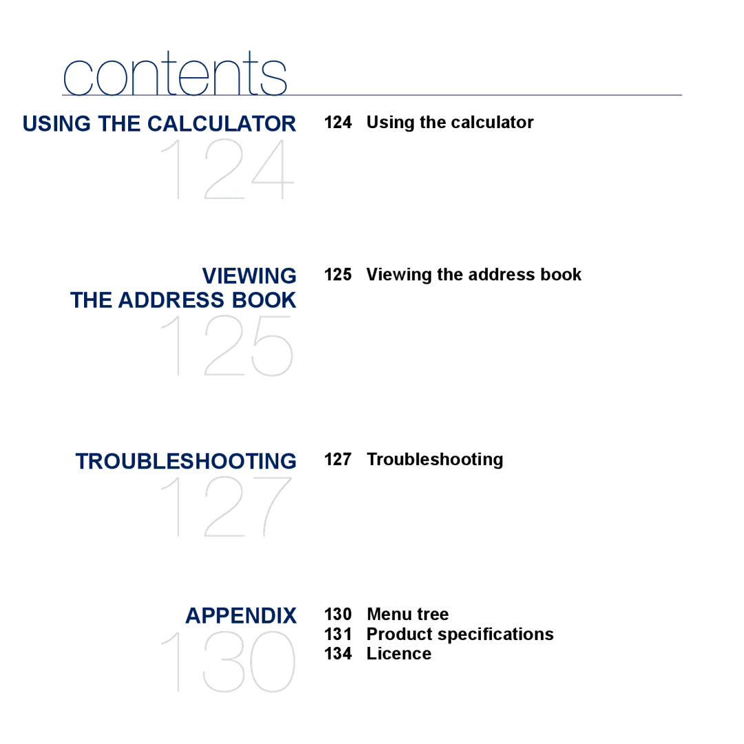 Samsung YP-M1CB, YP-M1EB manual Using the Calculator 124 Using the calculator, Troubleshooting 127 Troubleshooting 