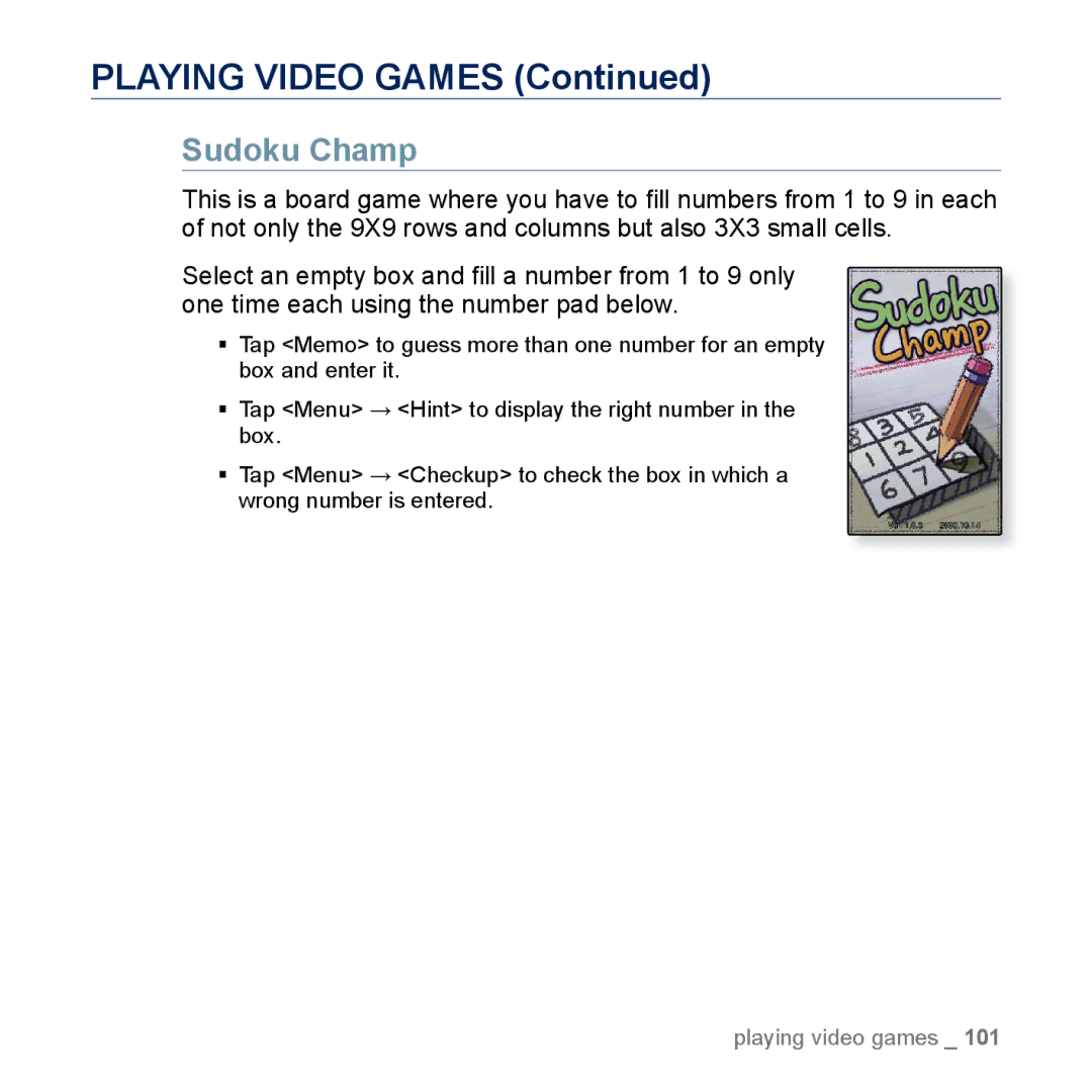 Samsung YP-M1EB, YP-M1CB manual Sudoku Champ 