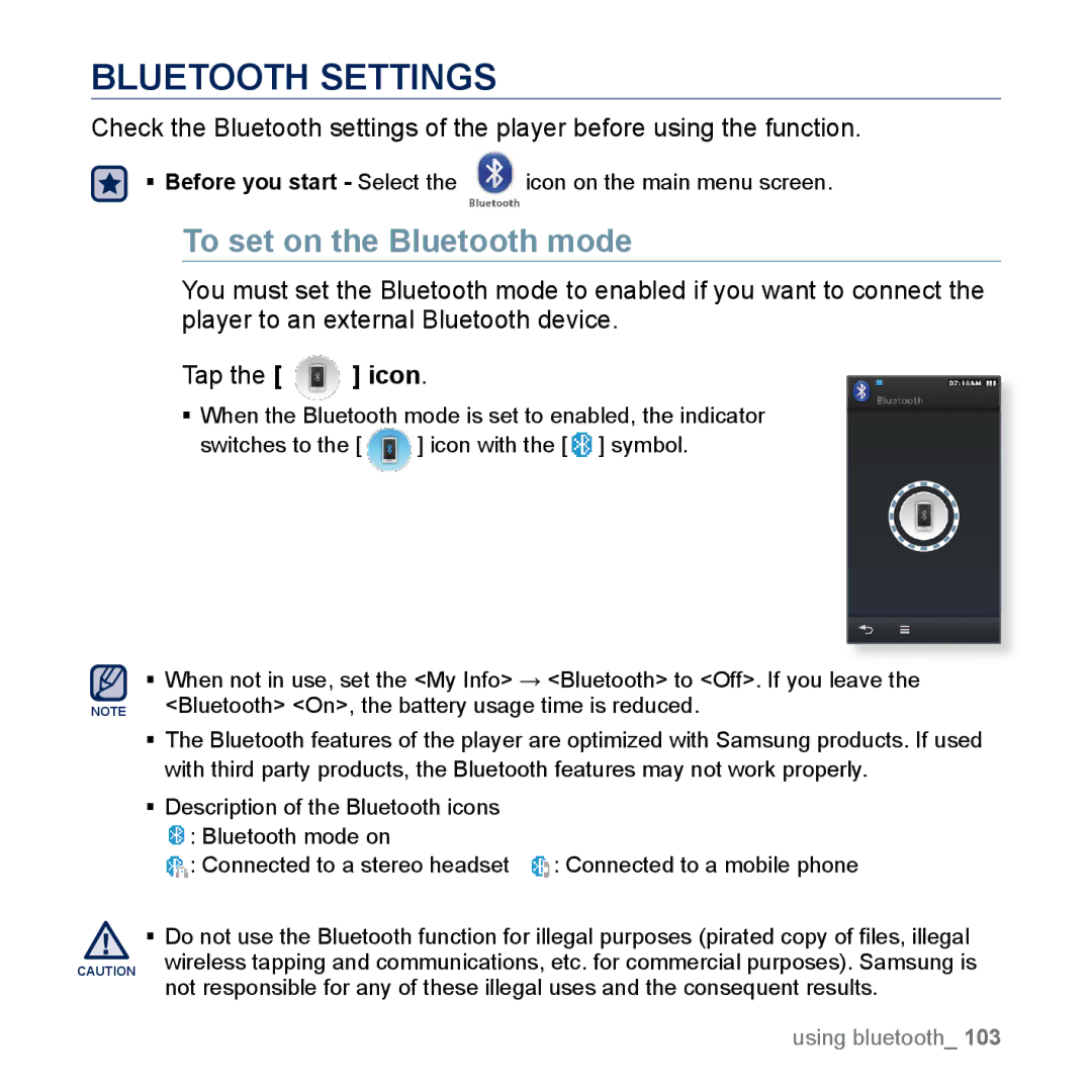 Samsung YP-M1EB, YP-M1CB manual Bluetooth Settings, To set on the Bluetooth mode 