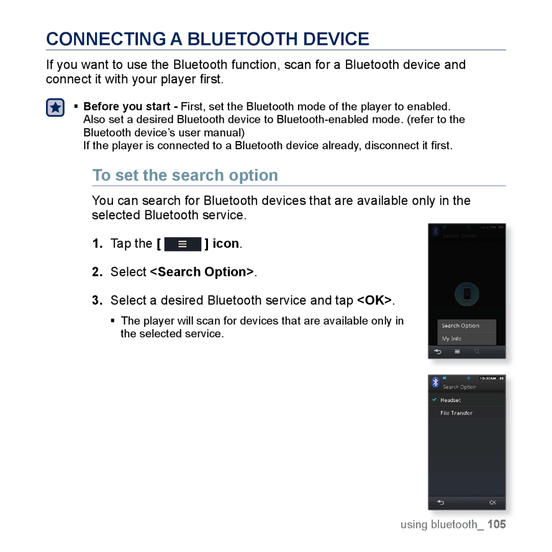 Samsung YP-M1EB, YP-M1CB manual Connecting a Bluetooth Device, To set the search option, Select Search Option 