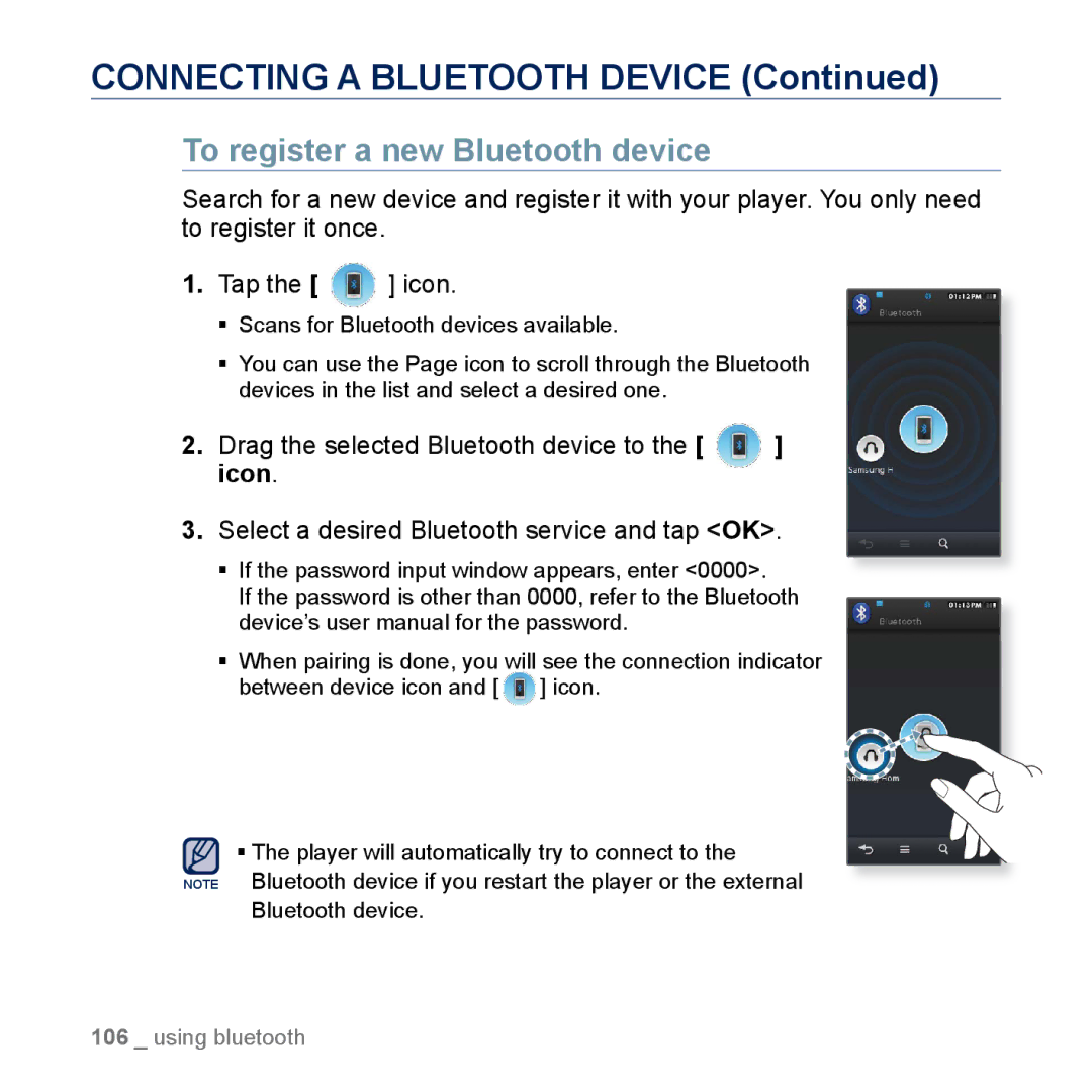 Samsung YP-M1CB, YP-M1EB manual Connecting a Bluetooth Device, To register a new Bluetooth device 