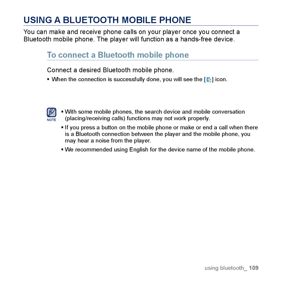 Samsung YP-M1EB, YP-M1CB manual Using a Bluetooth Mobile Phone, To connect a Bluetooth mobile phone 