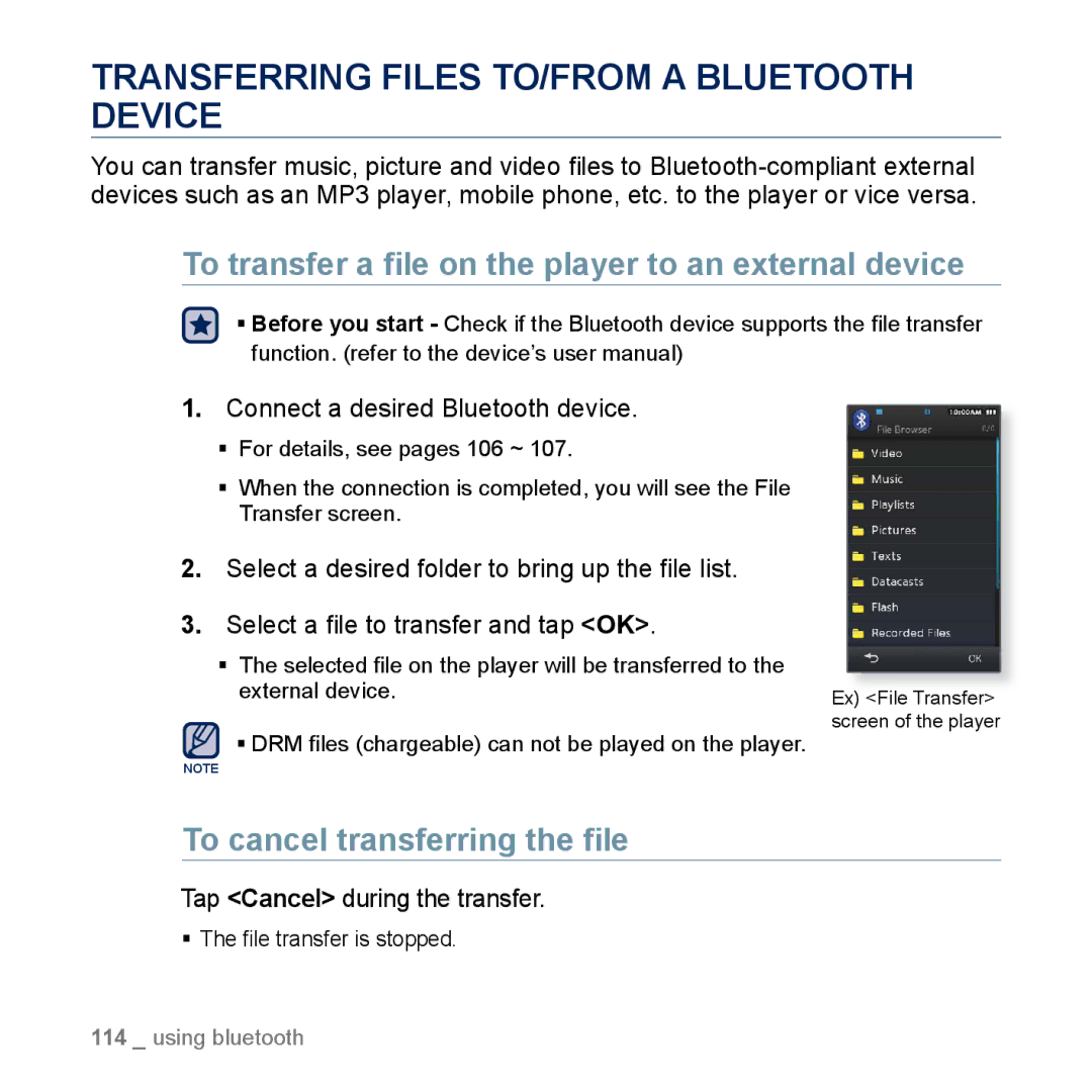 Samsung YP-M1CB manual Transferring Files TO/FROM a Bluetooth Device, To transfer a ﬁle on the player to an external device 