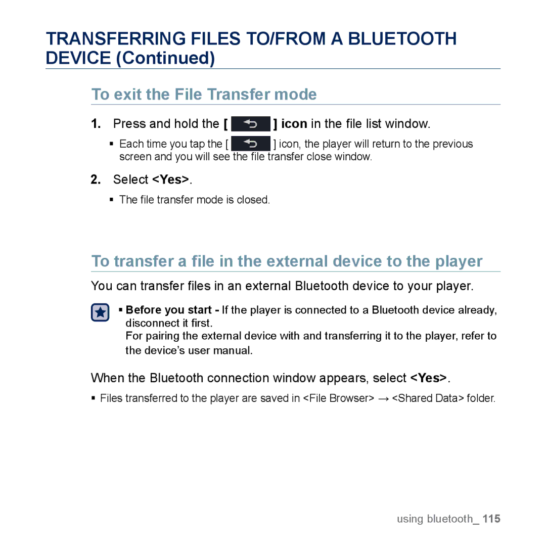 Samsung YP-M1EB, YP-M1CB manual Transferring Files TO/FROM a Bluetooth Device, To exit the File Transfer mode 