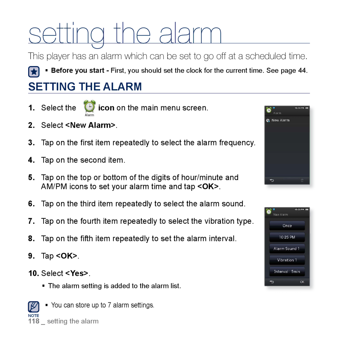 Samsung YP-M1CB, YP-M1EB manual Setting the alarm, Setting the Alarm, Select New Alarm 