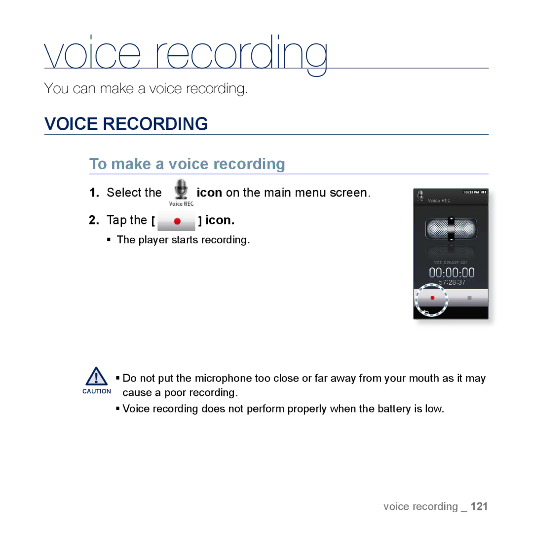 Samsung YP-M1EB, YP-M1CB manual Voice recording, Voice Recording, To make a voice recording 