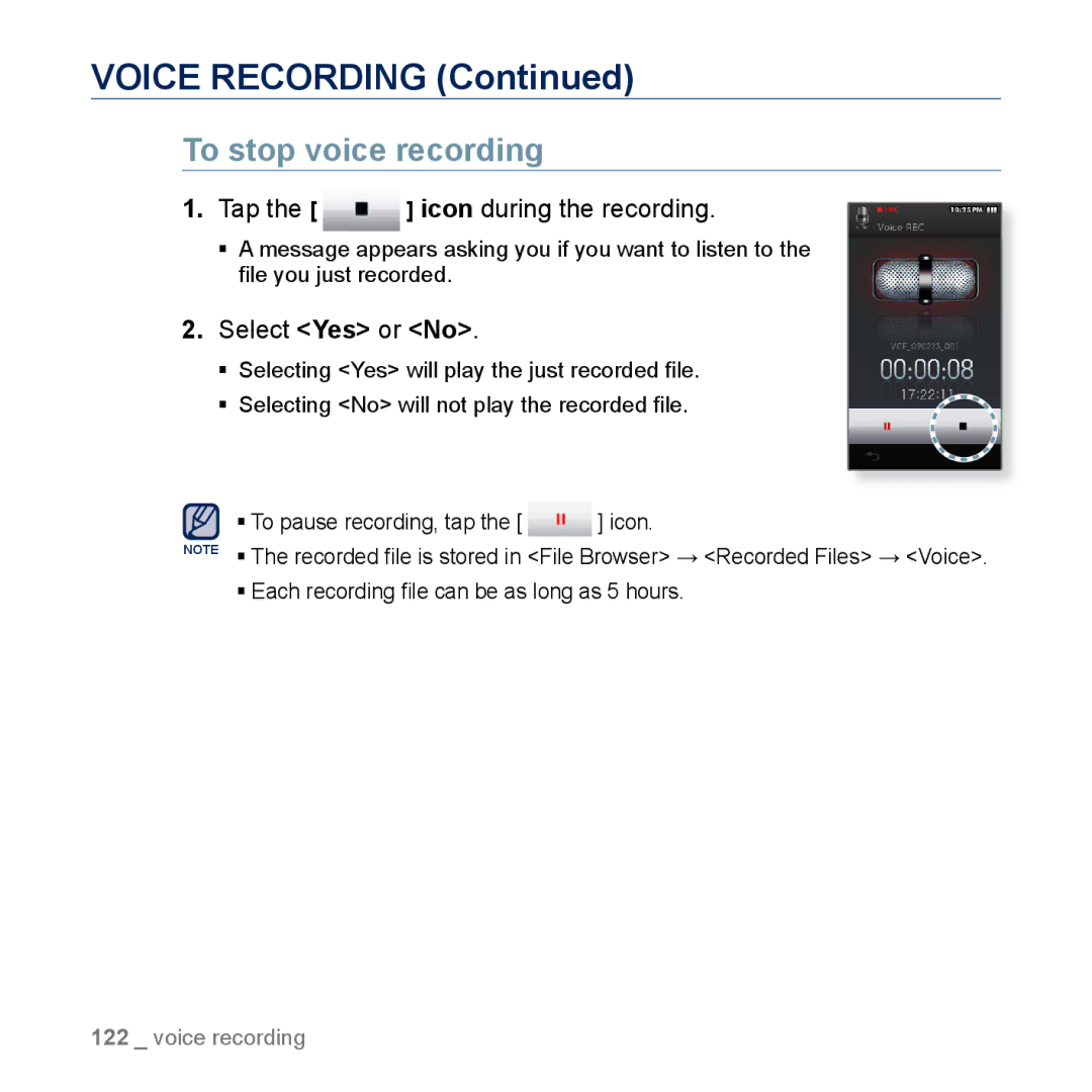 Samsung YP-M1CB, YP-M1EB manual Voice Recording, To stop voice recording 