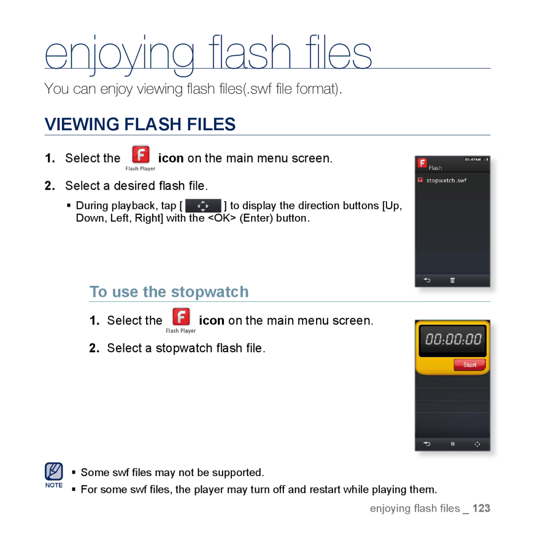 Samsung YP-M1EB, YP-M1CB manual Enjoying ﬂ ash ﬁ les, Viewing Flash Files, To use the stopwatch 