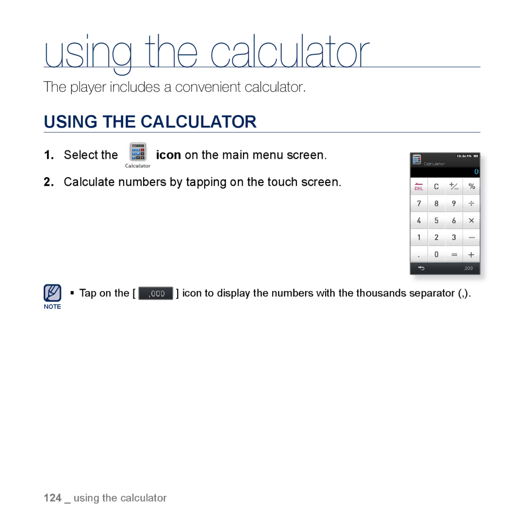 Samsung YP-M1CB, YP-M1EB manual Using the calculator, Using the Calculator 