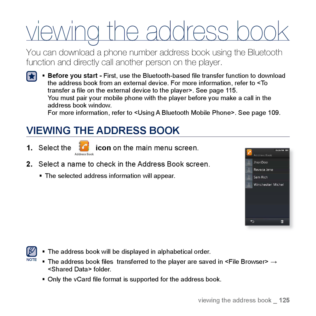 Samsung YP-M1EB, YP-M1CB manual Viewing the address book, Viewing the Address Book 