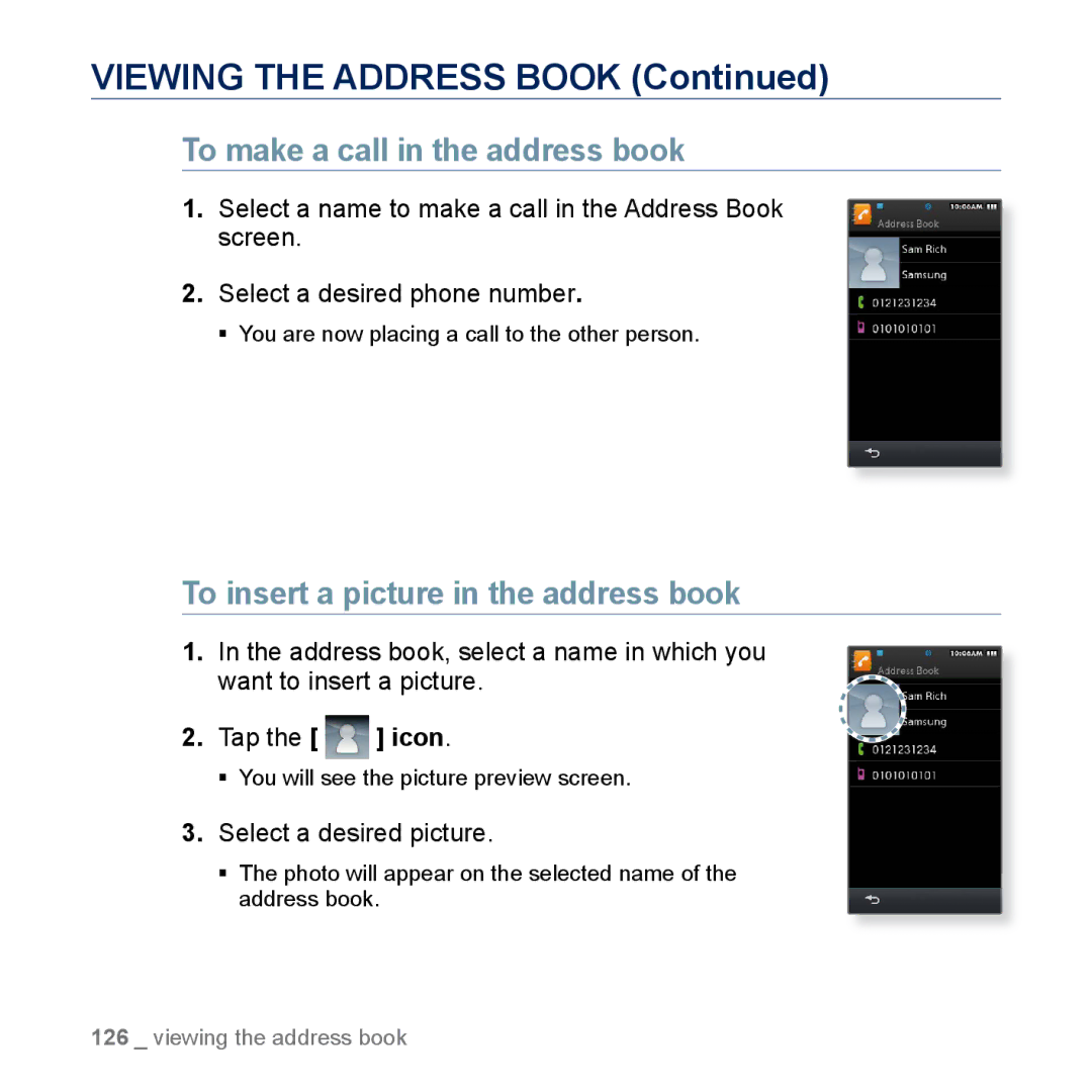 Samsung YP-M1CB Viewing the Address Book, To make a call in the address book, To insert a picture in the address book 