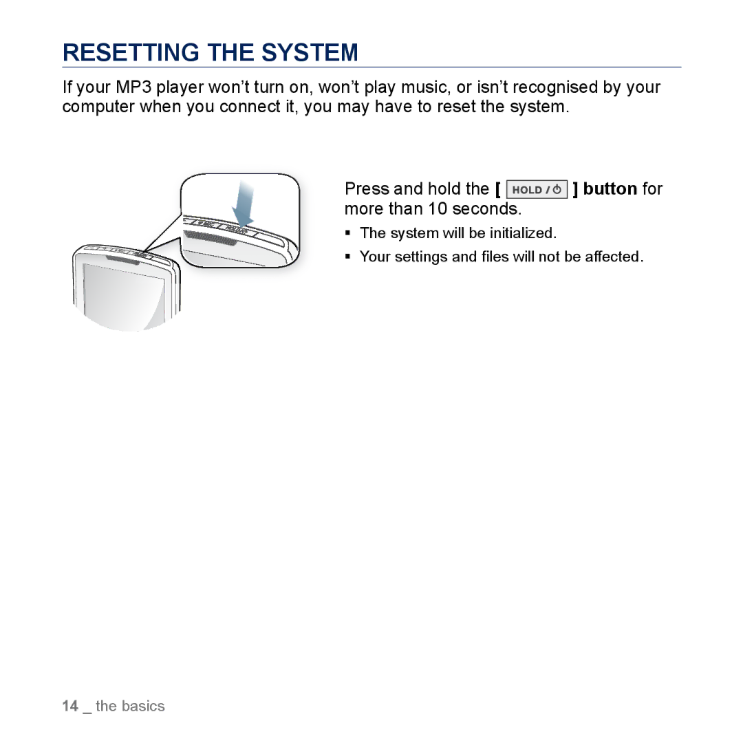 Samsung YP-M1CB, YP-M1EB manual Resetting the System 