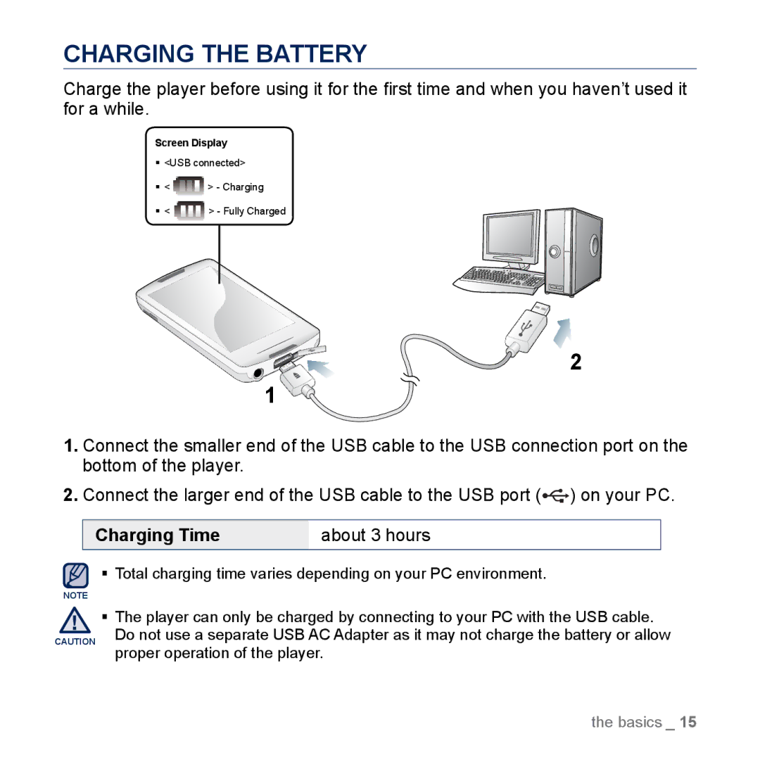 Samsung YP-M1EB, YP-M1CB manual Charging the Battery, Charging Time About 3 hours 