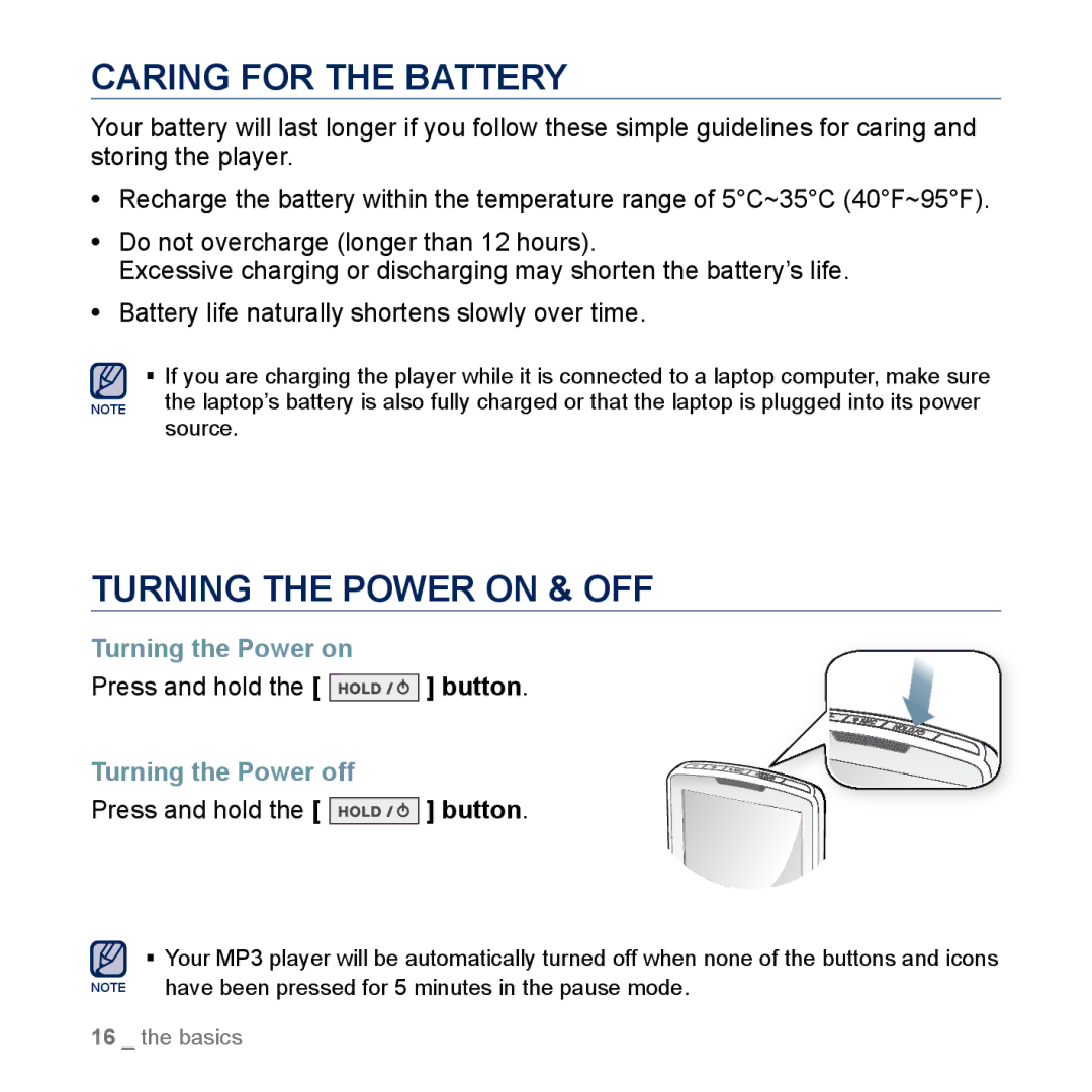 Samsung YP-M1CB manual Caring for the Battery, Turning the Power on & OFF, Press and hold the button, Turning the Power off 