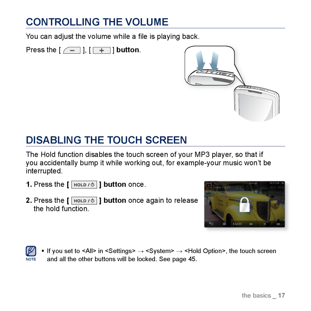 Samsung YP-M1EB, YP-M1CB manual Controlling the Volume, Disabling the Touch Screen 