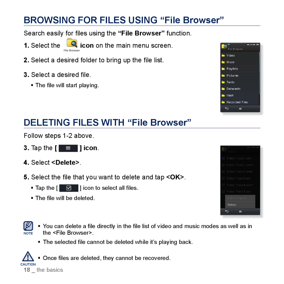 Samsung YP-M1CB, YP-M1EB manual Browsing for Files Using File Browser, Deleting Files with File Browser 