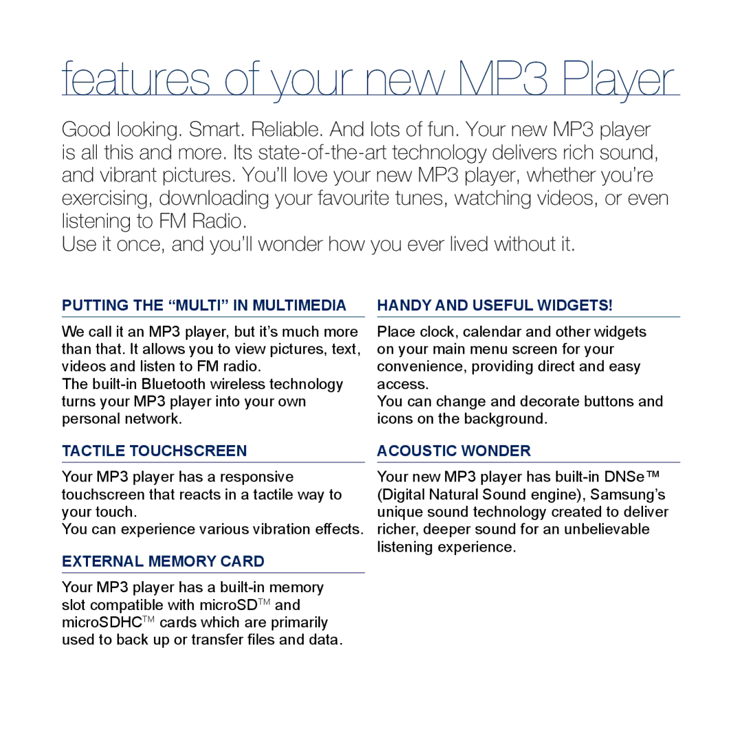 Samsung YP-M1CB, YP-M1EB manual Features of your new MP3 Player 