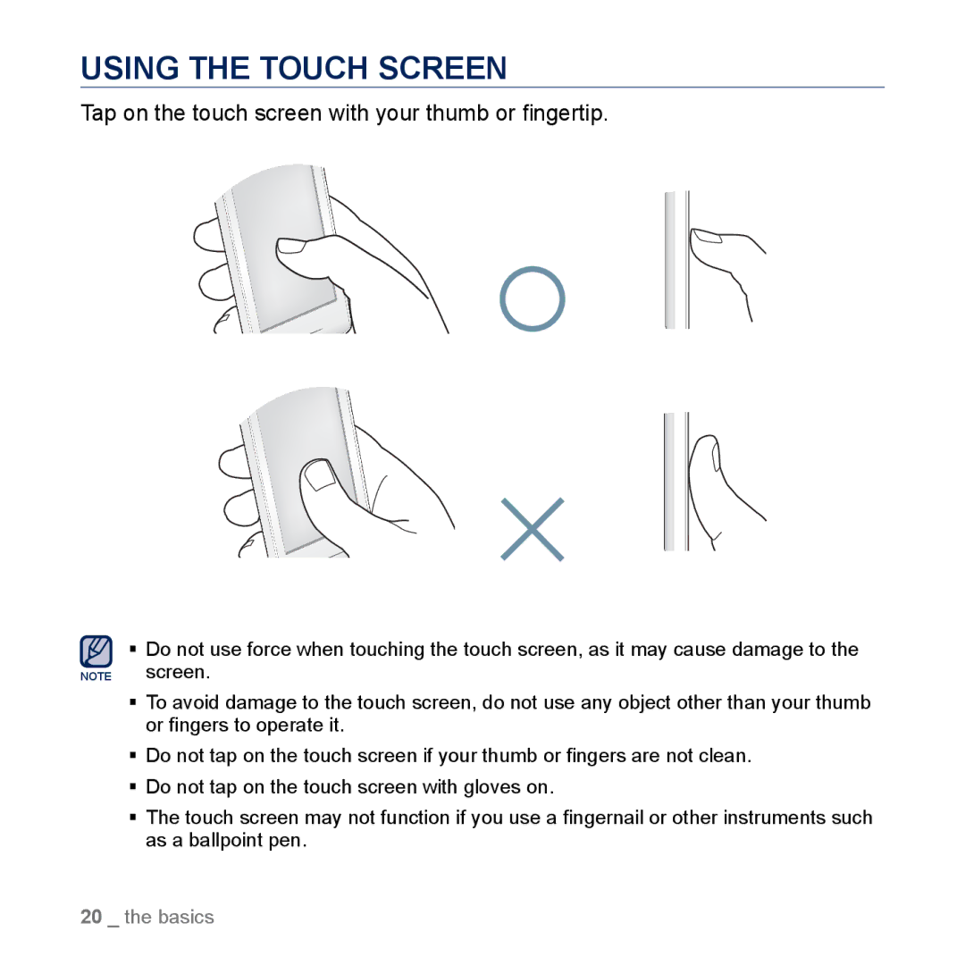 Samsung YP-M1CB, YP-M1EB manual Using the Touch Screen, Tap on the touch screen with your thumb or ﬁngertip 